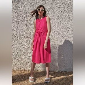 NWOT Zara Rushed Fuchsia Sleeveless Crew Neck Knit Sundress - Sz.S.